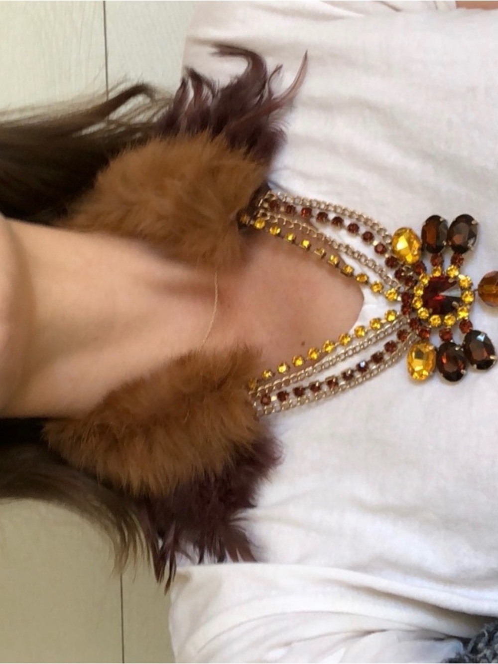 Viviana Brown and Amber Crystal Fur-Accent Necklace